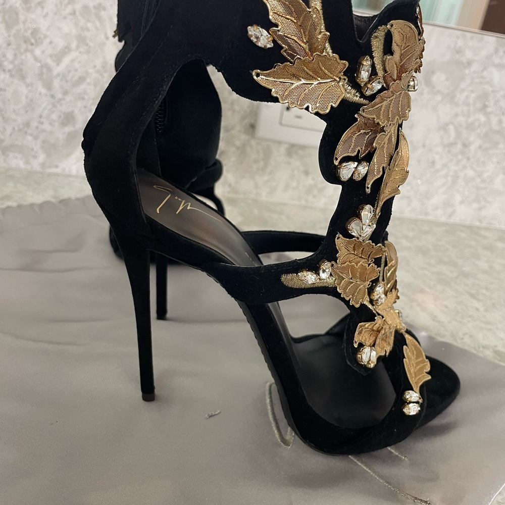 Authentic Giuseppe Zanotti black suede with Golden Leaves and Crystal hardware
